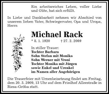 Traueranzeige von Michael Rack von Sächsische Zeitung
