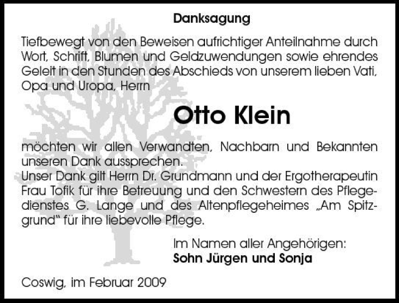  Traueranzeige für Otto Klein vom 06.03.2009 aus Sächsische Zeitung