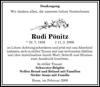 Traueranzeige von Rudi Pönitz von Sächsische Zeitung