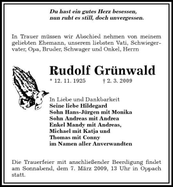 Traueranzeige von Rudolf Grünwald von Sächsische Zeitung