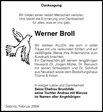 Traueranzeige von Werner Broll von Sächsische Zeitung
