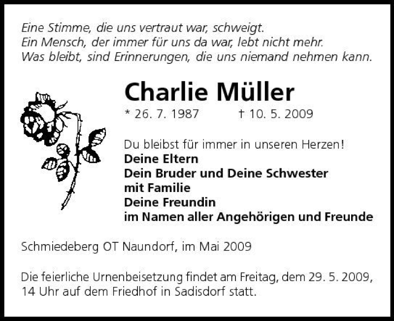  Traueranzeige für Charlie Müller vom 23.05.2009 aus Sächsische Zeitung