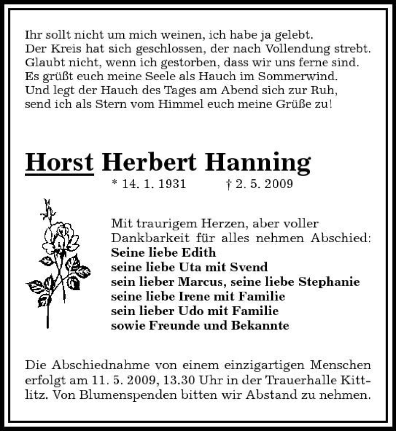  Traueranzeige für Horst Herbert Hanning vom 06.05.2009 aus Sächsische Zeitung