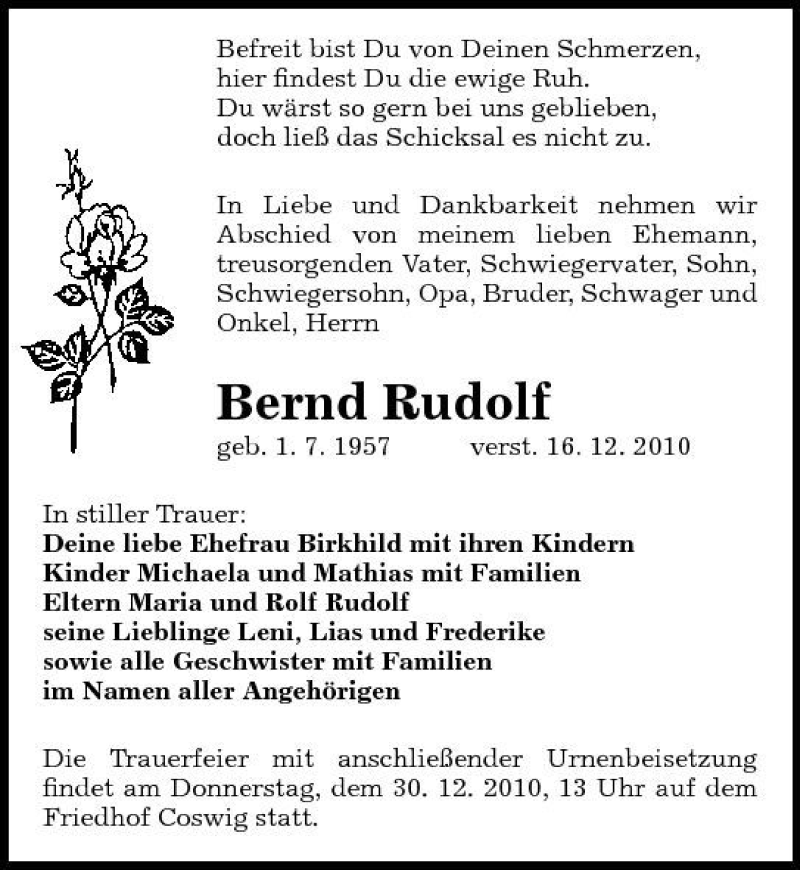  Traueranzeige für Bernd Rudolf vom 20.12.2010 aus Sächsische Zeitung