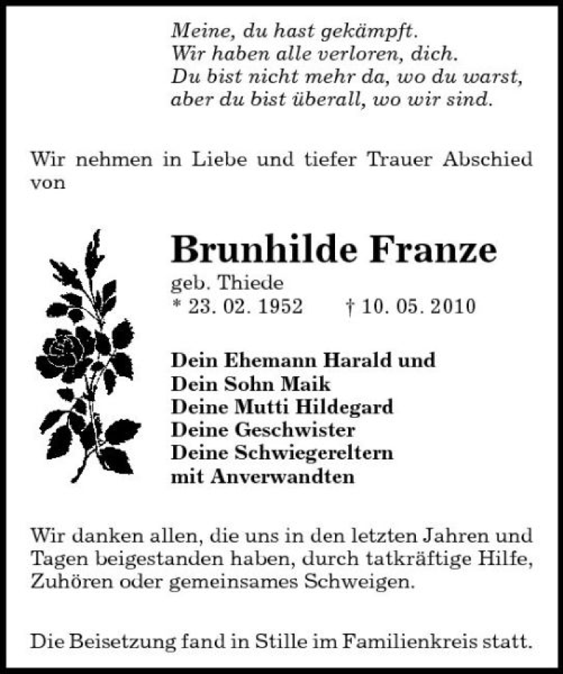  Traueranzeige für Brunhilde Franze vom 01.06.2010 aus Sächsische Zeitung
