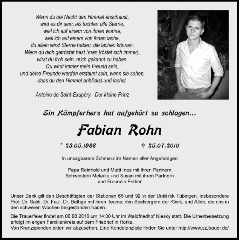  Traueranzeige für Fabian Rohn vom 30.07.2010 aus Sächsische Zeitung