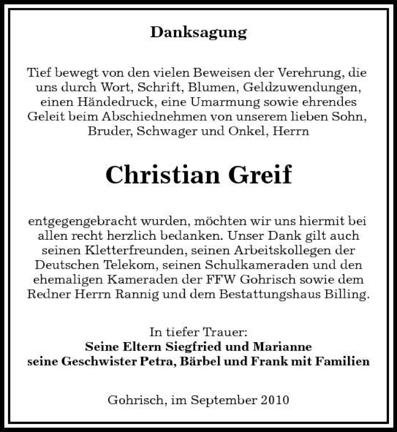  Traueranzeige für Christian Greif vom 04.09.2010 aus Sächsische Zeitung