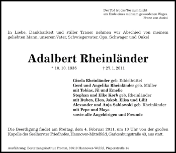 Traueranzeige von Adalbert Rheinländer von HAZ/NP