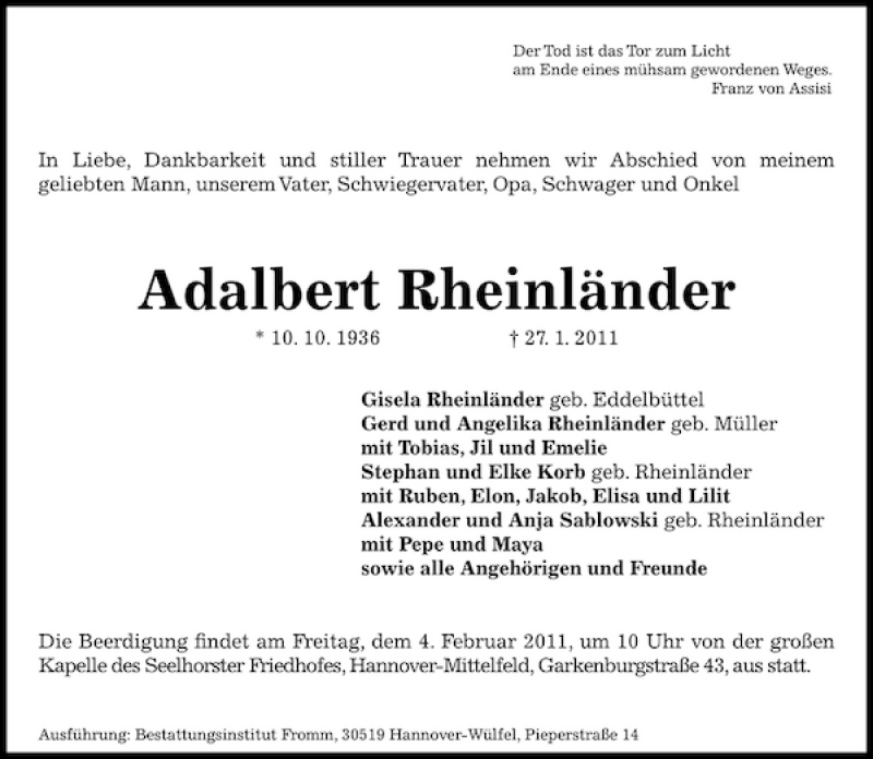  Traueranzeige für Adalbert Rheinländer vom 29.01.2011 aus HAZ/NP