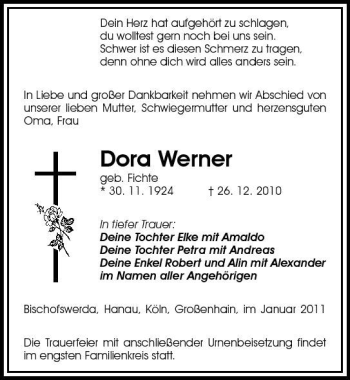 Traueranzeige von Dora Werner von Sächsische Zeitung