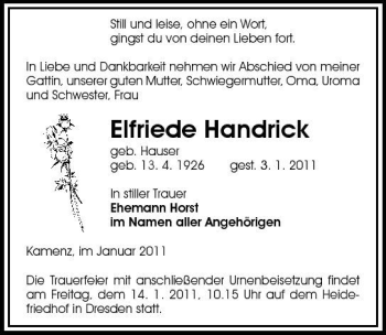 Traueranzeige von Elfriede Handrick von Sächsische Zeitung