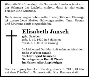 Traueranzeige von Elisabeth Jansch von Sächsische Zeitung