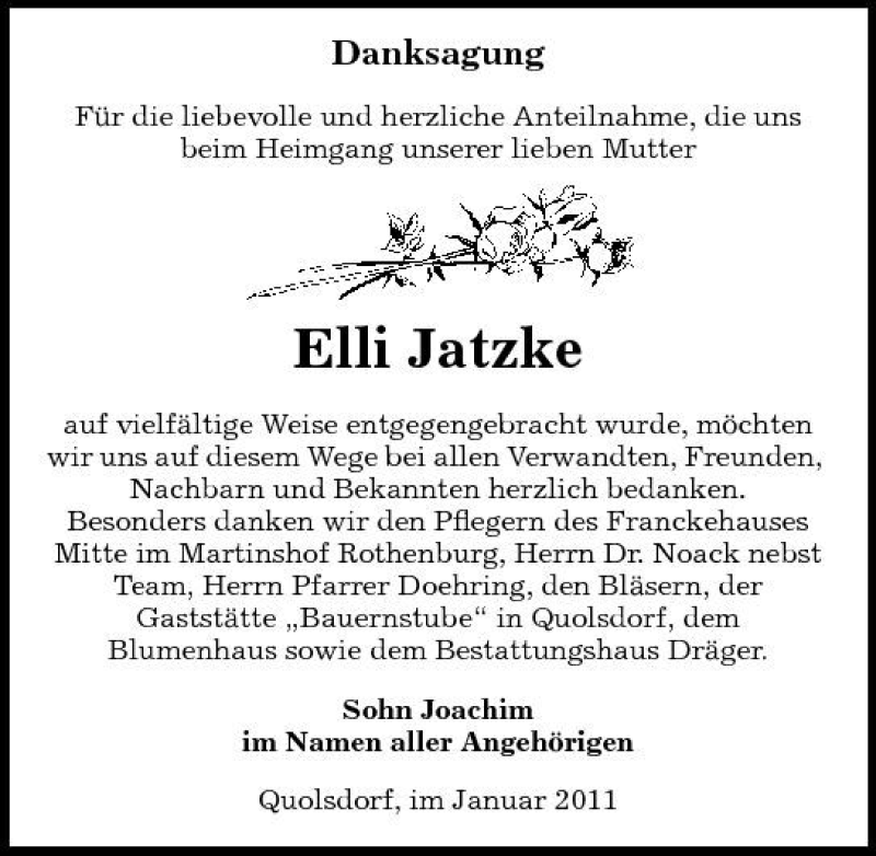  Traueranzeige für Elli Jatzke vom 06.01.2011 aus Sächsische Zeitung