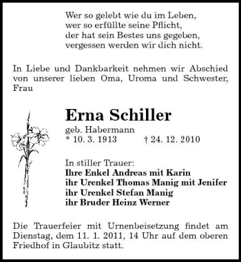 Traueranzeige von Erna Schiller von Sächsische Zeitung