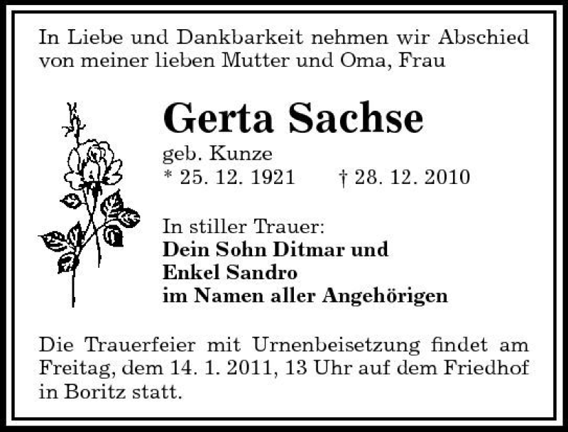  Traueranzeige für Gerta Sachse vom 06.01.2011 aus Sächsische Zeitung