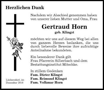 Traueranzeige von Gertraud Horn von Sächsische Zeitung