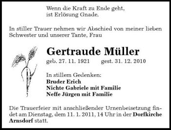 Traueranzeige von Gertraude Müller von Sächsische Zeitung