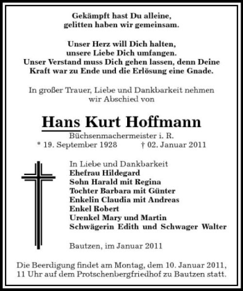 Traueranzeige von Hans Kurt Hoffmann von Sächsische Zeitung