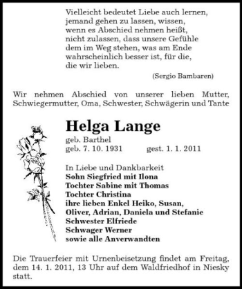 Traueranzeige von Helga Lange von Sächsische Zeitung