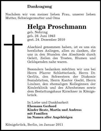 Traueranzeige von Helga Proschmann von Sächsische Zeitung