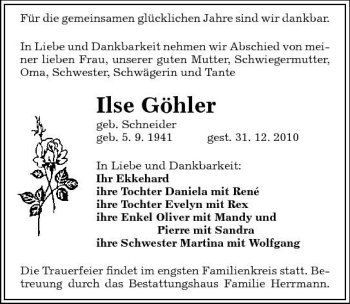 Traueranzeige von Ilse Göhler von Sächsische Zeitung