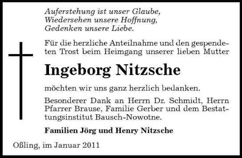  Traueranzeige für Ingeborg Nitzsche vom 06.01.2011 aus Sächsische Zeitung