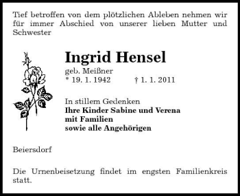 Traueranzeige von Ingrid Hensel von Sächsische Zeitung