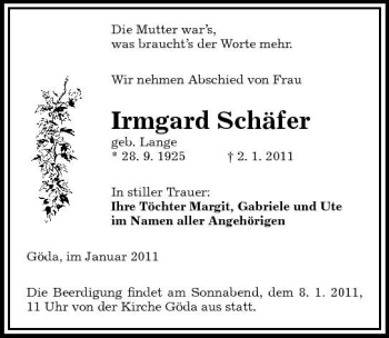 Traueranzeige von Irmgard Schäfer von Sächsische Zeitung