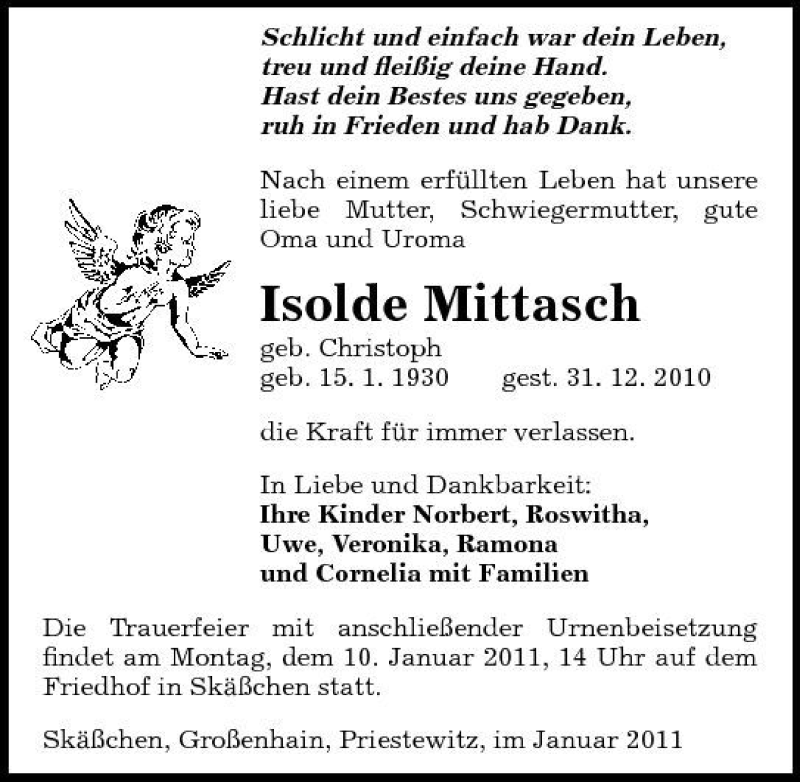  Traueranzeige für Isolde Mittasch vom 05.01.2011 aus Sächsische Zeitung