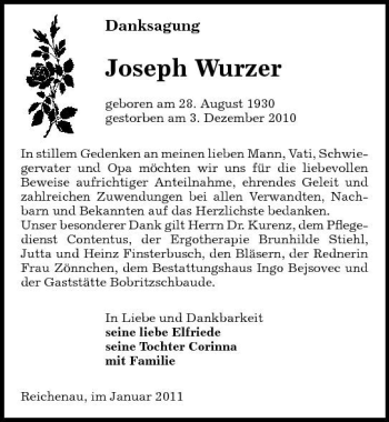 Traueranzeige von Joseph Wurzer von Sächsische Zeitung