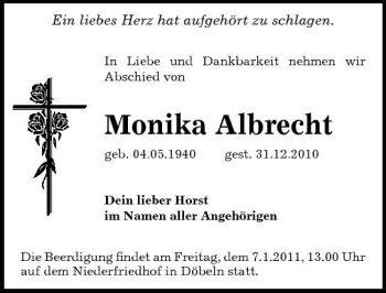Traueranzeige von Monika Albrecht von Sächsische Zeitung