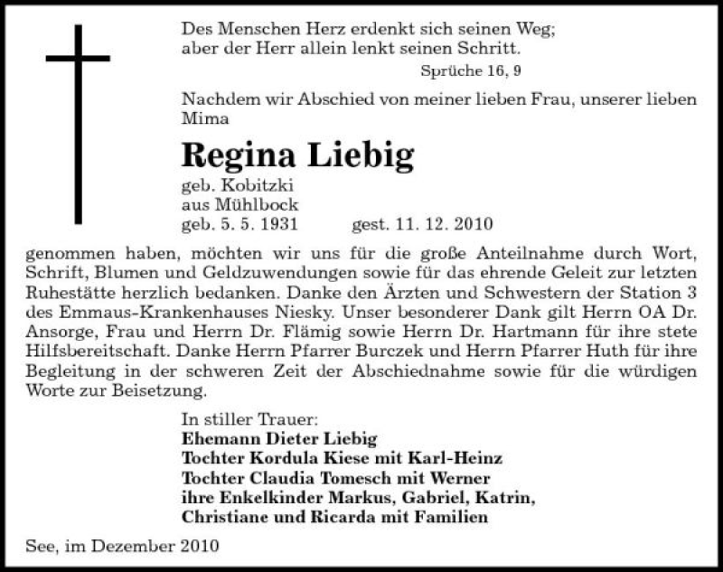  Traueranzeige für Regina Liebig vom 06.01.2011 aus Sächsische Zeitung