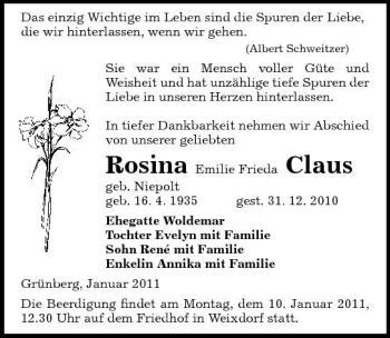 Traueranzeige von Rosina Claus von Sächsische Zeitung