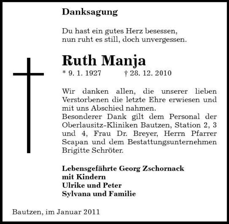  Traueranzeige für Ruth Manja vom 06.01.2011 aus Sächsische Zeitung