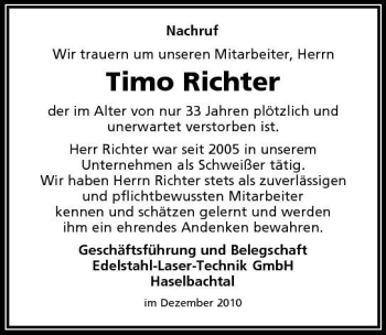 Traueranzeige von Timo Richter von Sächsische Zeitung