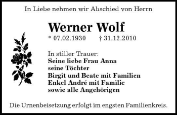 Traueranzeige von Werner Wolf von Sächsische Zeitung