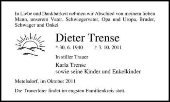 Traueranzeige von Dieter Trense von Ostsee-Zeitung