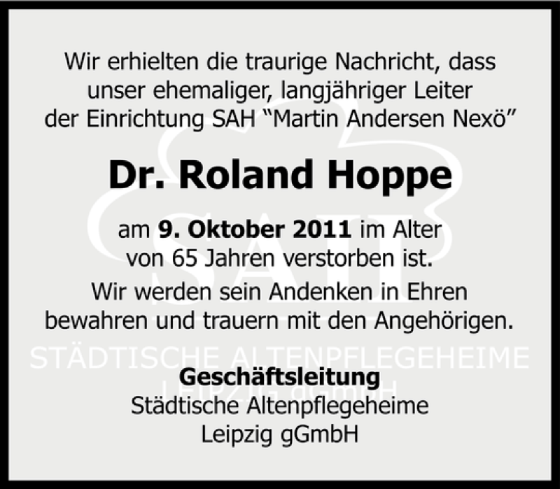  Traueranzeige für Dr. Roland Hoppe vom 15.10.2011 aus Leipziger Volkszeitung