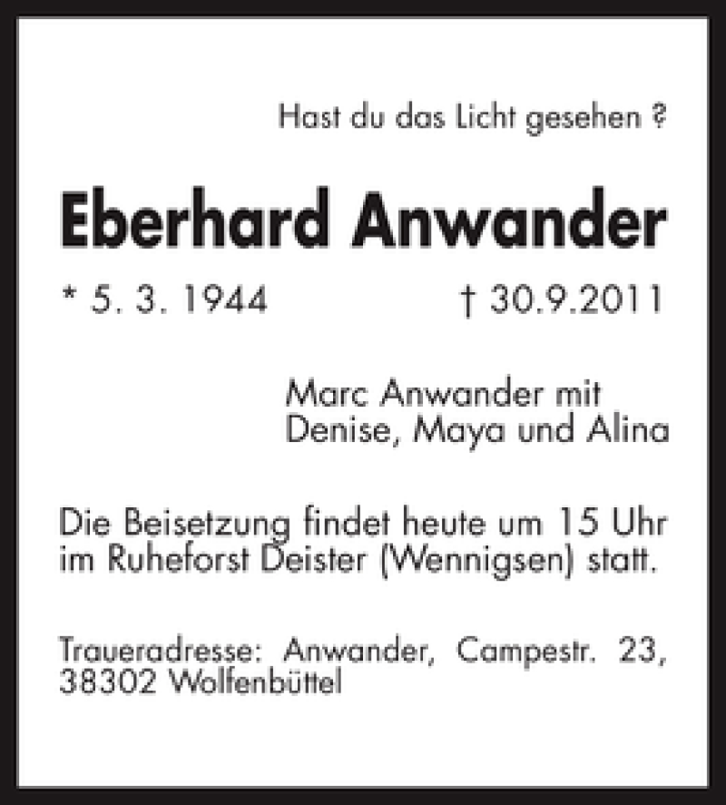  Traueranzeige für Eberhard Anwander vom 15.10.2011 aus HAZ/NP