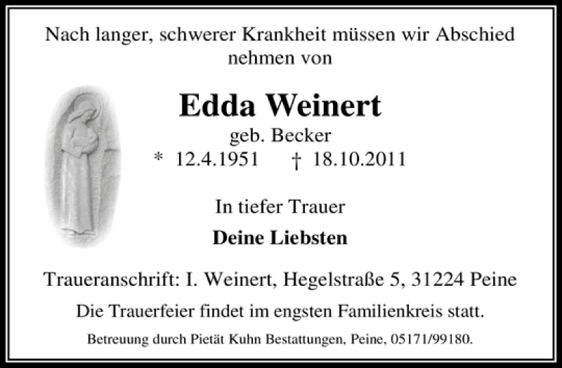  Traueranzeige für Edda Weinert vom 22.10.2011 aus Peiner Allgemeine Zeitung