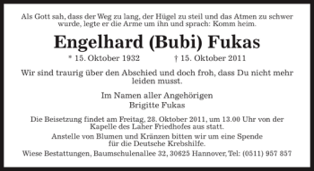 Traueranzeige von Engelhard (Bubi) Fukas von HAZ/NP