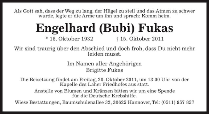  Traueranzeige für Engelhard (Bubi) Fukas vom 22.10.2011 aus HAZ/NP