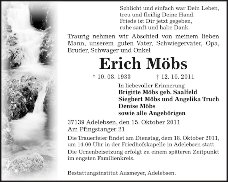  Traueranzeige für Erich Möbs vom 15.10.2011 aus Göttinger Tageblatt