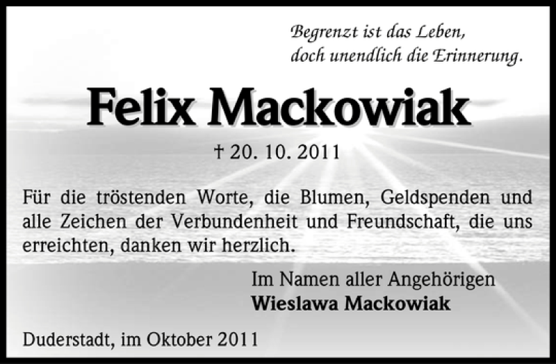 Traueranzeigen Von Felix Mackowiak | Trauer-anzeigen.de