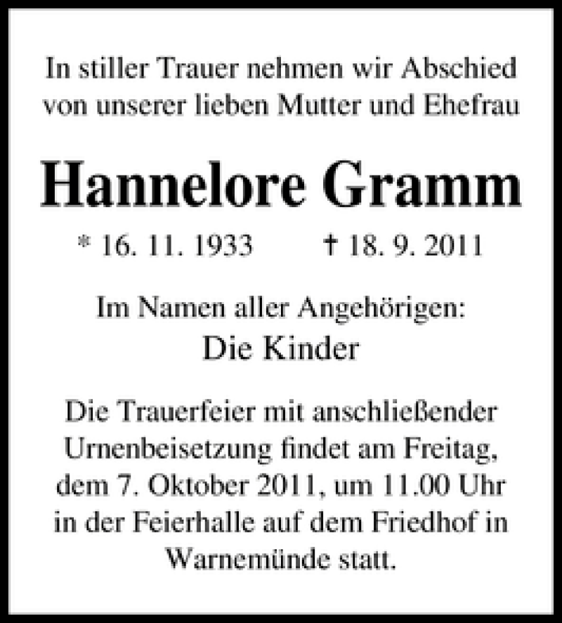  Traueranzeige für Hannelore Gramm vom 01.10.2011 aus Ostsee-Zeitung