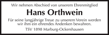 Traueranzeige von Hans Orthwein von OP Marburg
