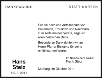 Traueranzeige von Hans Stelz von OP Marburg