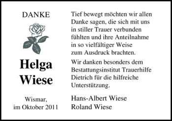 Traueranzeige von Helga Wiese von Ostsee-Zeitung