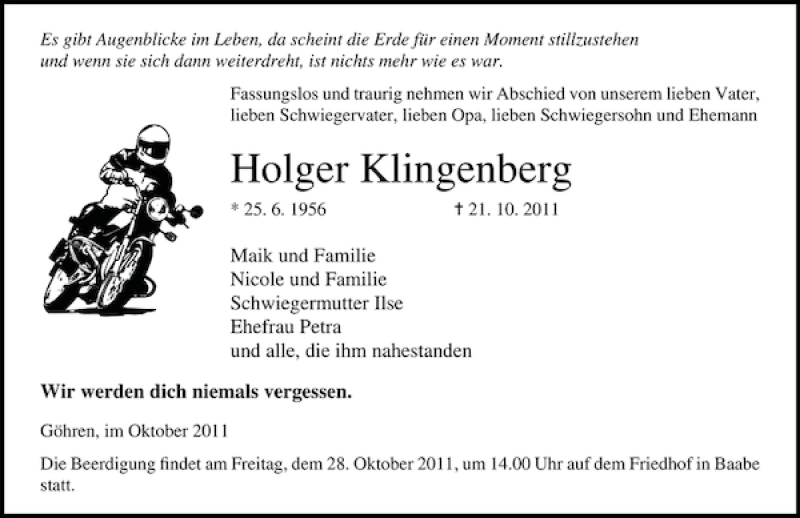  Traueranzeige für Holger Klingenberg vom 25.10.2011 aus Ostsee-Zeitung