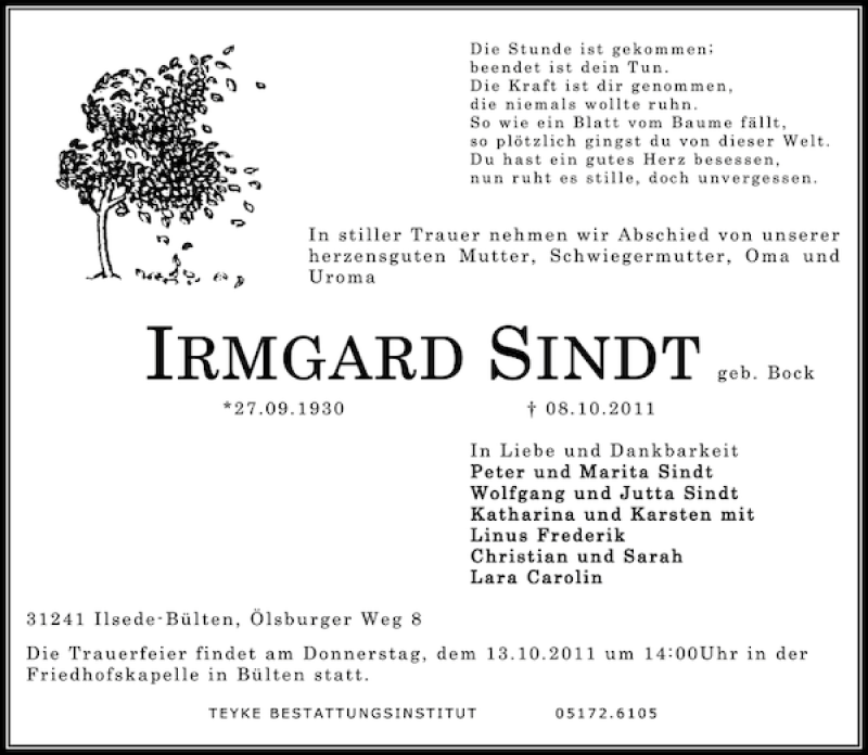  Traueranzeige für Irmgard Sindt vom 11.10.2011 aus Peiner Allgemeine Zeitung